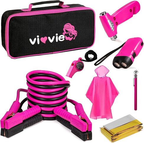Roadside Emergency Car Kit for Vehicles, Car Safety Kit with Jumper Cables, Safety Hammer, Pink Car Accessories Road Trip Essentials Assistance Kit for Teen Girls Women in Kuwait