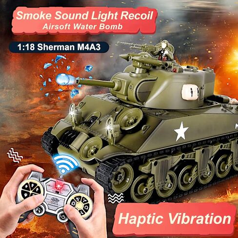 M4A3 شيرمان دبابة الجيش الأمريكي، 1/18 RTR RC مركبة قتال مدرعة، Airsoft BB Battle Water Bomb Shot، صوت دخاني وضوء ارتداد، جهاز تحكم بالاهتزاز 2.4 جيجا هرتز، نموذج عسكري كلاسيكي من الحرب العالمية الثانية in Kuwait