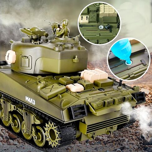 M4A3 شيرمان دبابة الجيش الأمريكي، 1/18 RTR RC مركبة قتال مدرعة، Airsoft BB Battle Water Bomb Shot، صوت دخاني وضوء ارتداد، جهاز تحكم بالاهتزاز 2.4 جيجا هرتز، نموذج عسكري كلاسيكي من الحرب العالمية الثانية in Kuwait