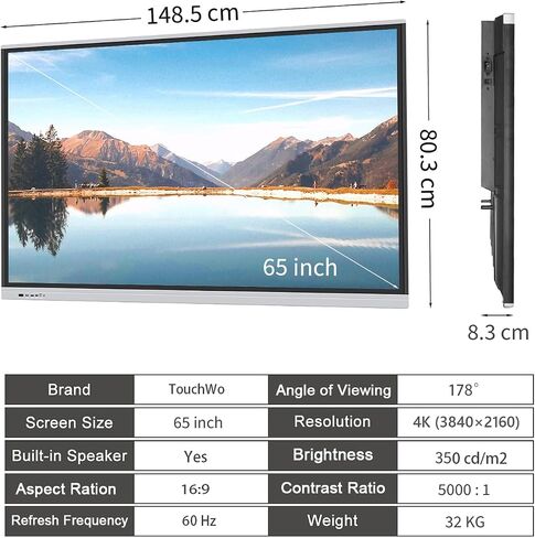 لوحة ذكية تعمل باللمس مقاس 65 بوصة، لوحة بيضاء إلكترونية للعرض التفاعلي بدقة 4K مع نظام Android 11، شاشة عرض رقمية للمكتب والفصول الدراسية، ذاكرة الوصول العشوائي 4 جيجابايت + ذاكرة تخزين داخلية 32 جيجابايت in Kuwait