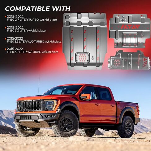 لوحة انزلاقية كاملة لسيارة Ford F150 2015 2016 2017 2018 2019 2020 2021 2022، هيكل سفلي عالي التحمل مع مركز مجموعة الدفع الأمامي للمحرك، حماية المحور الخلفي، واقيات معززة، دفاع مقاوم للصدأ in Saudi Arabia