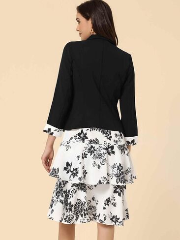 Allegra K Women's Dress Suit Sets 2pc Chiffon Print V Neck Contrast Panel Work Jacket Dresses in Kuwait
