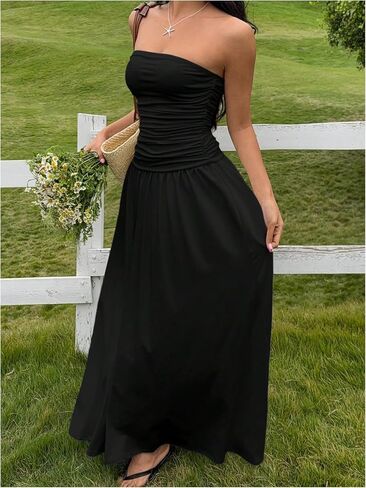 Verdusa Women's Ruched Strapless Dress Backless A Line Maxi Tube Dresses Concert Outfits in Saudi Arabia
