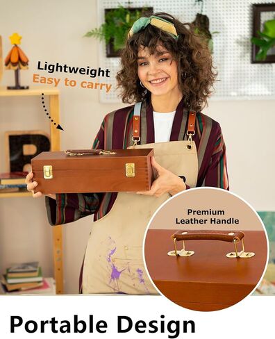 DJAR Multi-Function Artist Tool Box with Locking Clasps, Removable Tray Wooden Art Supply Box for Brushes, Pencils, Erasers,Artist Supplies Storage Organizer, Natural in Saudi Arabia