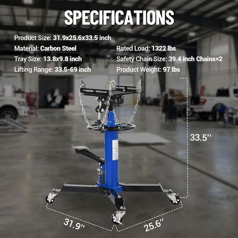 1322Lb Heavy Duty Transmission Jack, 33.5"-69" High Lift Hydraulic Telescoping Transmission Jack, 2-Stage Telescopic Transmission Stand with Foot Pedal & 360° Swivel Wheel, Blue in Saudi Arabia