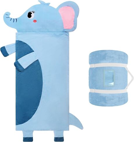 Toddler Nap Mat,Elephant Kids Sleeping Bag 67‘’×27‘’,Extra Large Slumber Bag Thick with Removable Pillow for Girls Boys,Soft Plush Roll Up Sleeping Mat Lightweight for Preschool,Daycare,Travel in Saudi Arabia