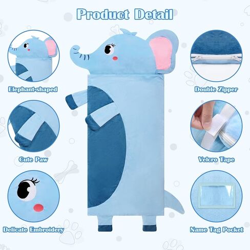 Toddler Nap Mat,Elephant Kids Sleeping Bag 67‘’×27‘’,Extra Large Slumber Bag Thick with Removable Pillow for Girls Boys,Soft Plush Roll Up Sleeping Mat Lightweight for Preschool,Daycare,Travel in Saudi Arabia