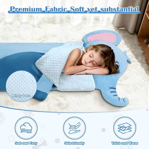 Toddler Nap Mat,Elephant Kids Sleeping Bag 67‘’×27‘’,Extra Large Slumber Bag Thick with Removable Pillow for Girls Boys,Soft Plush Roll Up Sleeping Mat Lightweight for Preschool,Daycare,Travel in Saudi Arabia