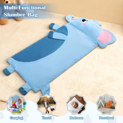 Toddler Nap Mat,Elephant Kids Sleeping Bag 67‘’×27‘’,Extra Large Slumber Bag Thick with Removable Pillow for Girls Boys,Soft Plush Roll Up Sleeping Mat Lightweight for Preschool,Daycare,Travel in Saudi Arabia