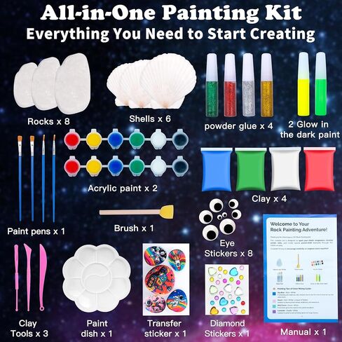 Awsoo Glow in The Dark Rock & Shell Painting Kit Arts and Crafts for Kids Ages 6-12, Kids Craft Paint Kit, Art Supplies Toy, Creative Painting Kits, Christmas Toy Gifts for Boys Girls in Saudi Arabia