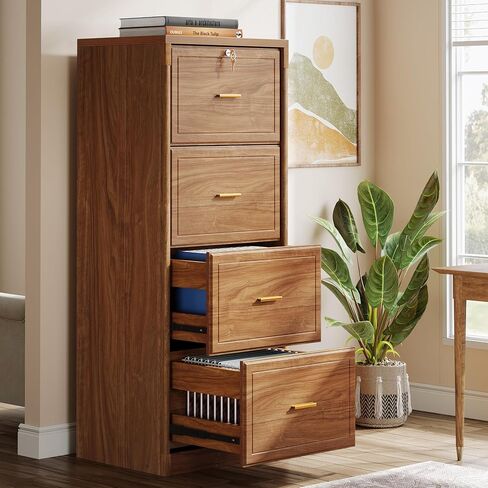 Tribesigns 4-Drawer File Cabinet with Lock, Locked File Cabinet with Key, Tall Wooden Filing Cabinets for Home Office, Vertical Office Storage for Legal Size/Letter/A4/Files, Black in Saudi Arabia