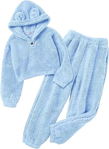 Arssm Girls Fuzzy Pants Set Bear Ear Fuzzy Hoodie Sweatshirt and Sweatpant Kids Clothing Sets in Saudi Arabia