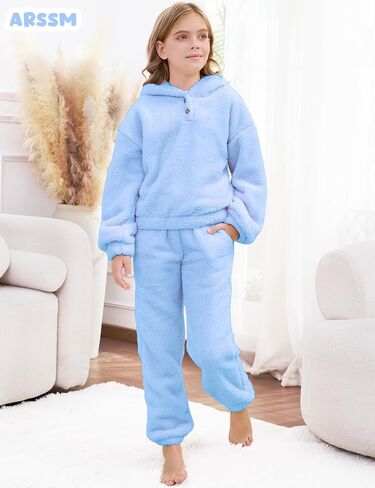 Arssm Girls Fuzzy Pants Set Bear Ear Fuzzy Hoodie Sweatshirt and Sweatpant Kids Clothing Sets in Saudi Arabia