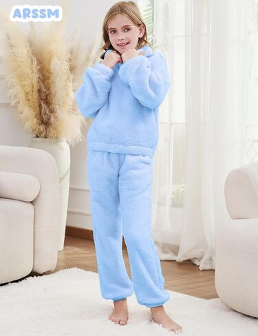 Arssm Girls Fuzzy Pants Set Bear Ear Fuzzy Hoodie Sweatshirt and Sweatpant Kids Clothing Sets in Saudi Arabia