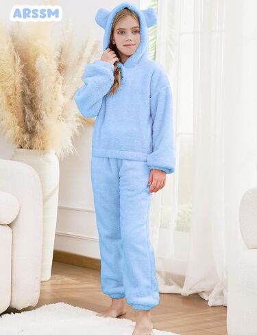 Arssm Girls Fuzzy Pants Set Bear Ear Fuzzy Hoodie Sweatshirt and Sweatpant Kids Clothing Sets in Saudi Arabia