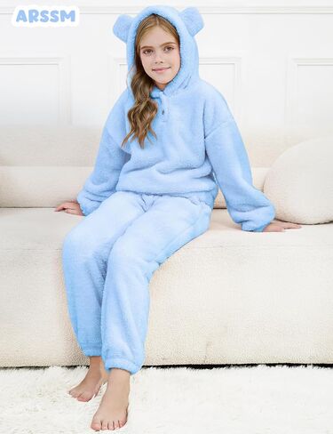 Arssm Girls Fuzzy Pants Set Bear Ear Fuzzy Hoodie Sweatshirt and Sweatpant Kids Clothing Sets in Saudi Arabia