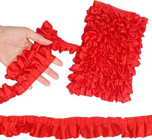 حافة مكشكشة طويلة جدًا، حافة شريط أحمر للخياطة، 33 ياردة × 1.6 بوصة عرض، قماش ساتان مكشكش مطوي ودانتيل شيفون مجمّع، حواف طبقة واحدة مكشكشة لامعة من دانتيل لحرف تزيين المنزل in Kuwait