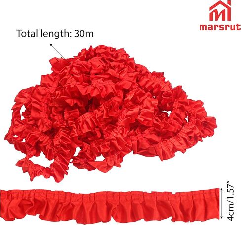 حافة مكشكشة طويلة جدًا، حافة شريط أحمر للخياطة، 33 ياردة × 1.6 بوصة عرض، قماش ساتان مكشكش مطوي ودانتيل شيفون مجمّع، حواف طبقة واحدة مكشكشة لامعة من دانتيل لحرف تزيين المنزل in Kuwait