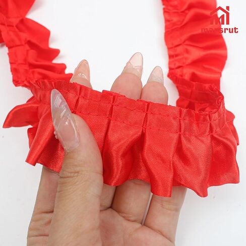 حافة مكشكشة طويلة جدًا، حافة شريط أحمر للخياطة، 33 ياردة × 1.6 بوصة عرض، قماش ساتان مكشكش مطوي ودانتيل شيفون مجمّع، حواف طبقة واحدة مكشكشة لامعة من دانتيل لحرف تزيين المنزل in Kuwait