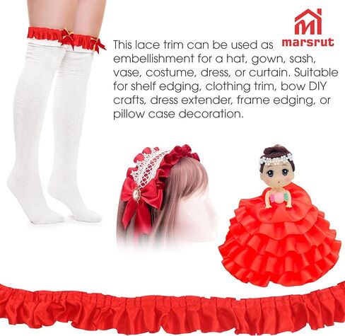 حافة مكشكشة طويلة جدًا، حافة شريط أحمر للخياطة، 33 ياردة × 1.6 بوصة عرض، قماش ساتان مكشكش مطوي ودانتيل شيفون مجمّع، حواف طبقة واحدة مكشكشة لامعة من دانتيل لحرف تزيين المنزل in Kuwait