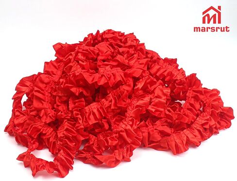 حافة مكشكشة طويلة جدًا، حافة شريط أحمر للخياطة، 33 ياردة × 1.6 بوصة عرض، قماش ساتان مكشكش مطوي ودانتيل شيفون مجمّع، حواف طبقة واحدة مكشكشة لامعة من دانتيل لحرف تزيين المنزل in Kuwait