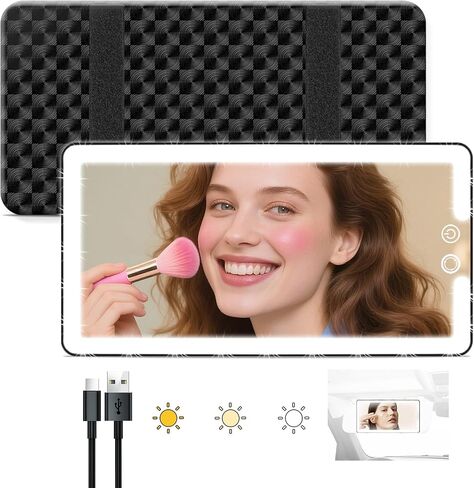 Car Sun Visor Vanity Mirror with Lights, Rechargeable LED Car Visor Makeup Mirror with 3 Color Dimmable Lights - Universal Accessories for Cars, SUVs, Trucks (Black) in Saudi Arabia