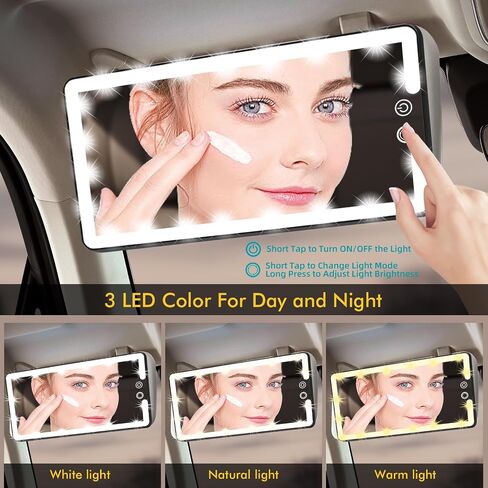 Car Sun Visor Vanity Mirror with Lights, Rechargeable LED Car Visor Makeup Mirror with 3 Color Dimmable Lights - Universal Accessories for Cars, SUVs, Trucks (Black) in Saudi Arabia
