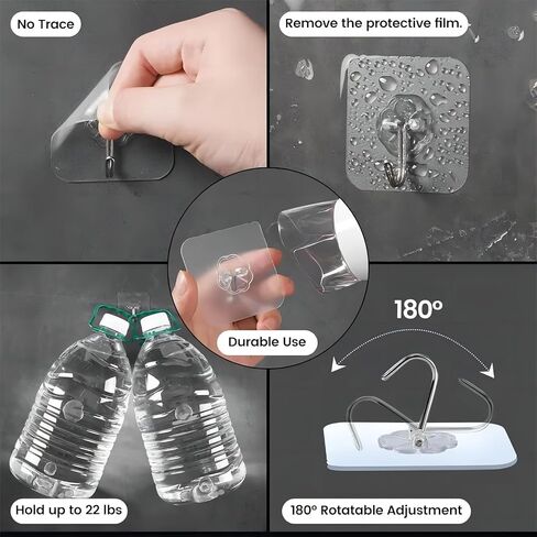 Generic 10 Pcs Heavy Duty Transparent Plastic Wall Hooks for Keys, Bathroom, Shower, Kitchen, Office, Outdoor, Removable Sticky Ceiling Hooks in Saudi Arabia