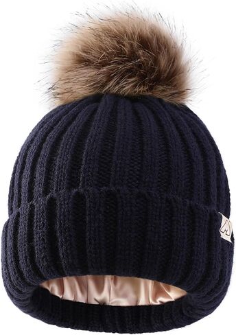 Hat Hut Toddler Beanie Satin Lined Beanie for Baby Winter Hats for Kids Pom Pom Beanie for Boys Girls in Saudi Arabia
