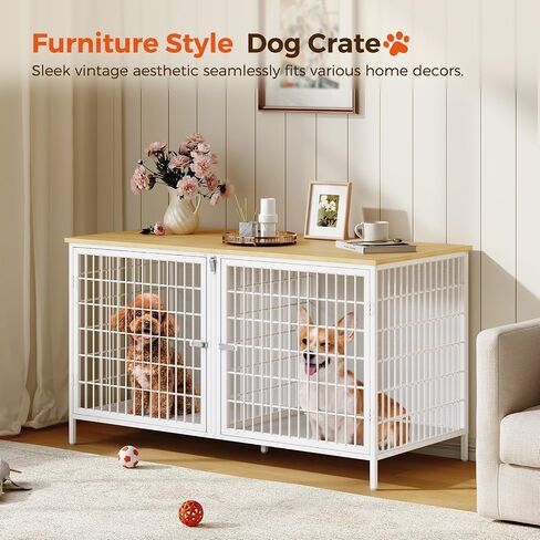 MAHANCRIS Dog Crate Furniture for 2 Dogs, 43.3" Dog Kennel with Removable Divider, Heavy Sturdy Dog Furniture Style Double Cage for Small Medium Dog, Indoor Dog House End Table, Rustic Brown DCHR1201 in Kuwait