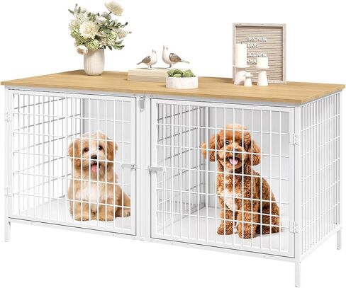 MAHANCRIS Dog Crate Furniture for 2 Dogs, 43.3" Dog Kennel with Removable Divider, Heavy Sturdy Dog Furniture Style Double Cage for Small Medium Dog, Indoor Dog House End Table, Rustic Brown DCHR1201 in Kuwait