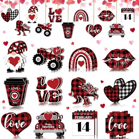 24 Pcs Valentine's Day Ornaments Wood Gnome Heart Truck Buffalo Plaid Valentine's Day Decorations Valentine's Day Ornaments Wooden Decor Valentine's Day Hanging Sign for Tree Door Fireplace Party in Kuwait