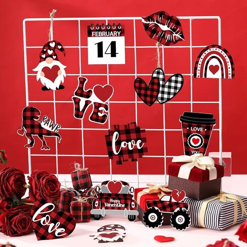24 Pcs Valentine's Day Ornaments Wood Gnome Heart Truck Buffalo Plaid Valentine's Day Decorations Valentine's Day Ornaments Wooden Decor Valentine's Day Hanging Sign for Tree Door Fireplace Party in Kuwait