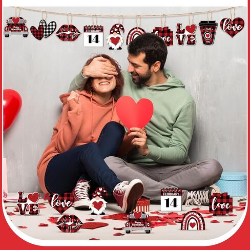 24 Pcs Valentine's Day Ornaments Wood Gnome Heart Truck Buffalo Plaid Valentine's Day Decorations Valentine's Day Ornaments Wooden Decor Valentine's Day Hanging Sign for Tree Door Fireplace Party in Kuwait