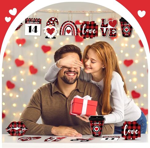 24 Pcs Valentine's Day Ornaments Wood Gnome Heart Truck Buffalo Plaid Valentine's Day Decorations Valentine's Day Ornaments Wooden Decor Valentine's Day Hanging Sign for Tree Door Fireplace Party in Kuwait