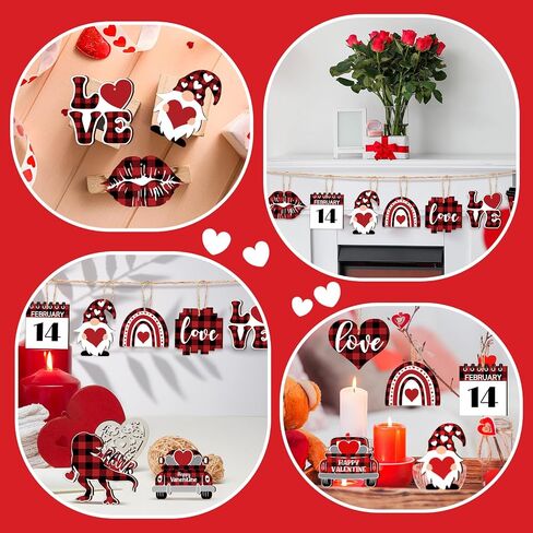 24 Pcs Valentine's Day Ornaments Wood Gnome Heart Truck Buffalo Plaid Valentine's Day Decorations Valentine's Day Ornaments Wooden Decor Valentine's Day Hanging Sign for Tree Door Fireplace Party in Kuwait