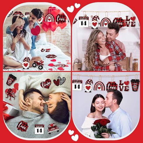 24 Pcs Valentine's Day Ornaments Wood Gnome Heart Truck Buffalo Plaid Valentine's Day Decorations Valentine's Day Ornaments Wooden Decor Valentine's Day Hanging Sign for Tree Door Fireplace Party in Kuwait