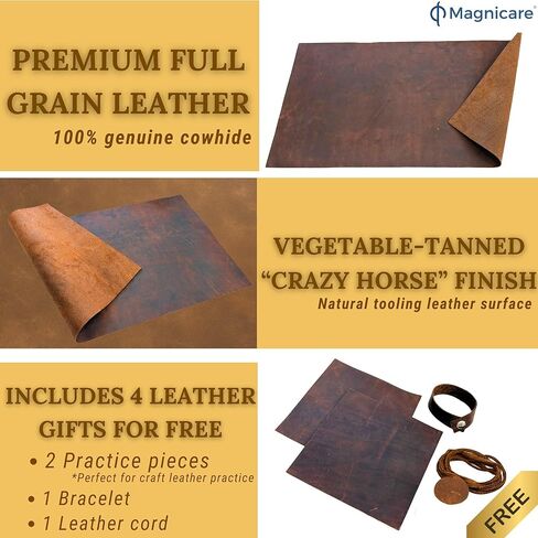 ملاءة جلدية أصلية محببة بالكامل لصناعة الحرف اليدوية مقاس 12 × 24 - جلد البقر المجنون المدبوغ بالخضروات - ملاءات جلدية سميكة للحرف اليدوية - قطعتان للتمرين، سلك وسوار متضمنان - بني in Kuwait