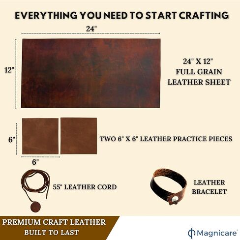 ملاءة جلدية أصلية محببة بالكامل لصناعة الحرف اليدوية مقاس 12 × 24 - جلد البقر المجنون المدبوغ بالخضروات - ملاءات جلدية سميكة للحرف اليدوية - قطعتان للتمرين، سلك وسوار متضمنان - بني in Kuwait