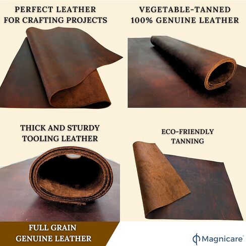 ملاءة جلدية أصلية محببة بالكامل لصناعة الحرف اليدوية مقاس 12 × 24 - جلد البقر المجنون المدبوغ بالخضروات - ملاءات جلدية سميكة للحرف اليدوية - قطعتان للتمرين، سلك وسوار متضمنان - بني in Kuwait