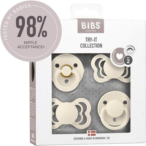BIBS Pacifiers 6-18 Months | 4-Pack Soothers | BPA-Free Symmetrical Nipple | Made in Denmark | Ivory Try-It Collection in Saudi Arabia