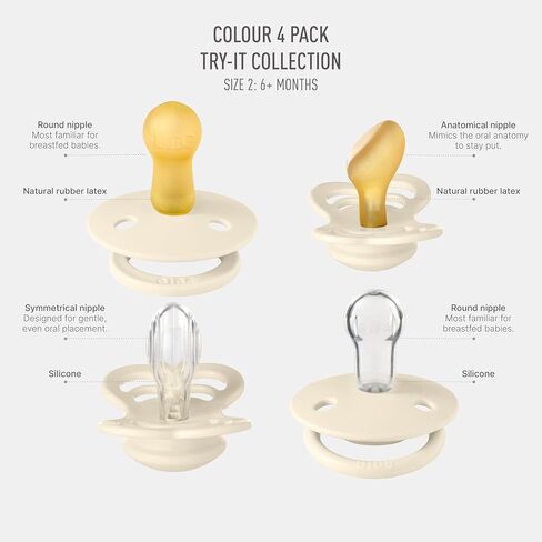 BIBS Pacifiers 6-18 Months | 4-Pack Soothers | BPA-Free Symmetrical Nipple | Made in Denmark | Ivory Try-It Collection in Saudi Arabia