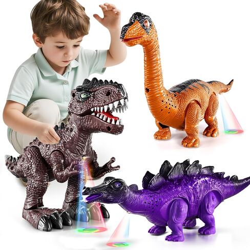 Lucky Doug 3 Pack Electric Realistic Dinosaur Toys with Simulated Sound ＆ Light for Boys Kids Aged 3 4 5 Years Old - Perfect Jurassic Tyrannosaurus Rex Gift for Christmas and Birthday in Kuwait