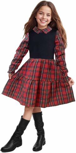 LuckyShe Girls Plaid Dress Belt Long Sleeve Buffalo Check Black White/Red Flannel Dresses for Kids in Saudi Arabia