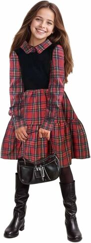 LuckyShe Girls Plaid Dress Belt Long Sleeve Buffalo Check Black White/Red Flannel Dresses for Kids in Saudi Arabia