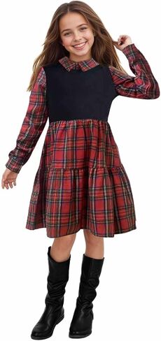 LuckyShe Girls Plaid Dress Belt Long Sleeve Buffalo Check Black White/Red Flannel Dresses for Kids in Saudi Arabia