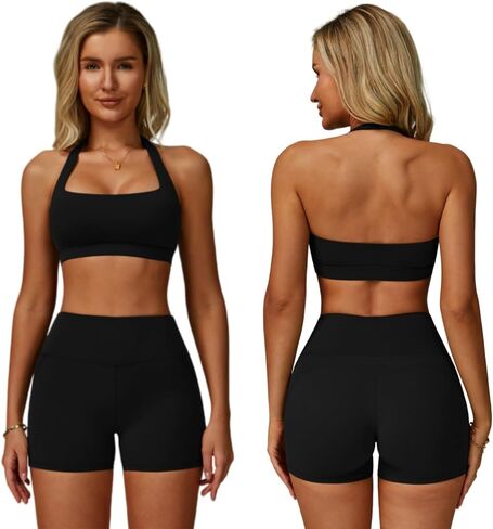 ABOCIW Workout Sets for Women Square Neck Halter Sports Bra High Waist Biker Shorts 2 Piece Gym Yoga Outfits in Saudi Arabia