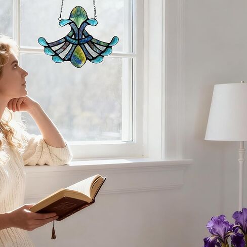 Alivagar زجاج ملون تيفاني نمط زهرة نافذة معلقة صائد الشمس (أزرق) in Kuwait