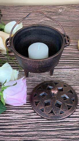 مرجل من الحديد الزهر مع غطاء مبخرة ساحرة مقاس 4.9 بوصة مثالية لحامل البخور وحامل المريمية وحامل حرق طقوس المذبح (أسود) in Kuwait