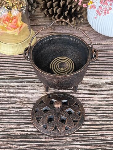 مرجل من الحديد الزهر مع غطاء مبخرة ساحرة مقاس 4.9 بوصة مثالية لحامل البخور وحامل المريمية وحامل حرق طقوس المذبح (أسود) in Kuwait